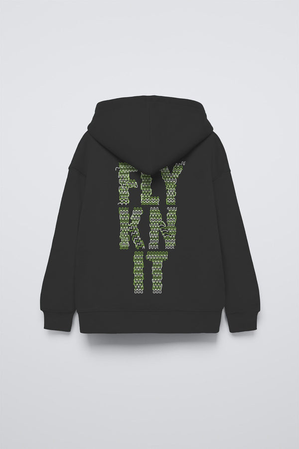 Siyah Kapüşonlu Collective Yazılı Arka Fly Kn It Yazılı Oversize Çocuk Sweatshirt