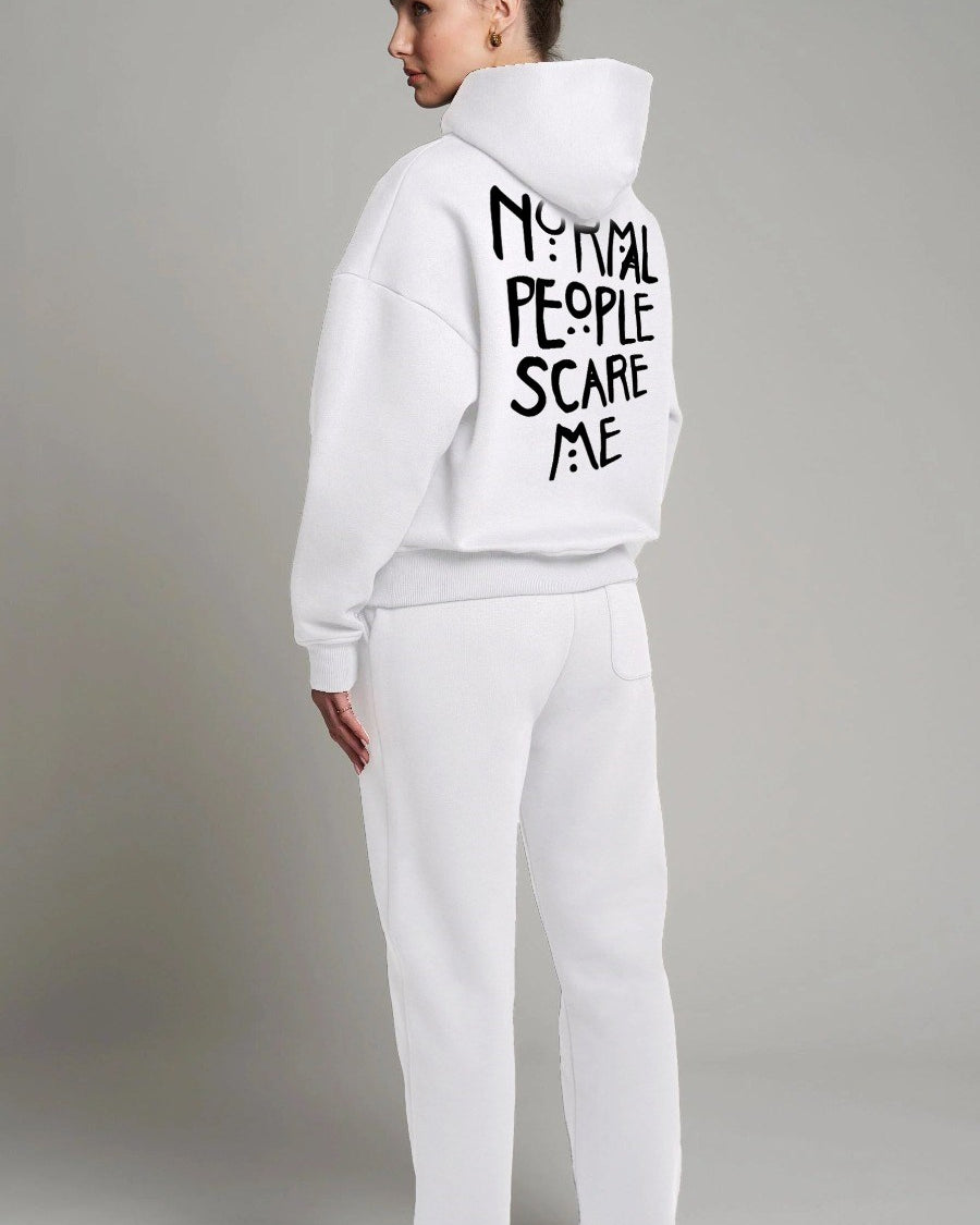 Kapüşonlu İçi Polar Normal People Scare Me Baskılı Beyaz Unisex Hoodie Sweatshirt
