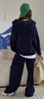 Kadın Oversize Eşofman Takımı Lacivert – Kapüşonlu Fermuarlı, Şerit Detaylı, Bağcıklı Bel, Bol paça