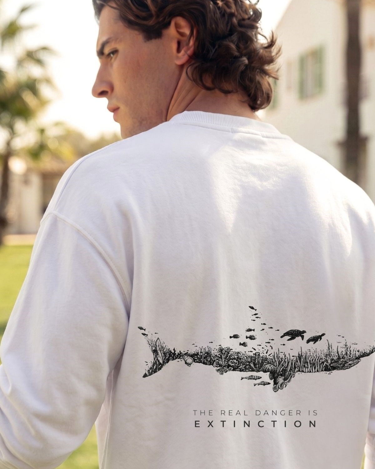 Erkek Oversize Sweatshirt Extinction Baskılı Beyaz – Bisiklet Yaka, 3 İplik Şardonlu Polar