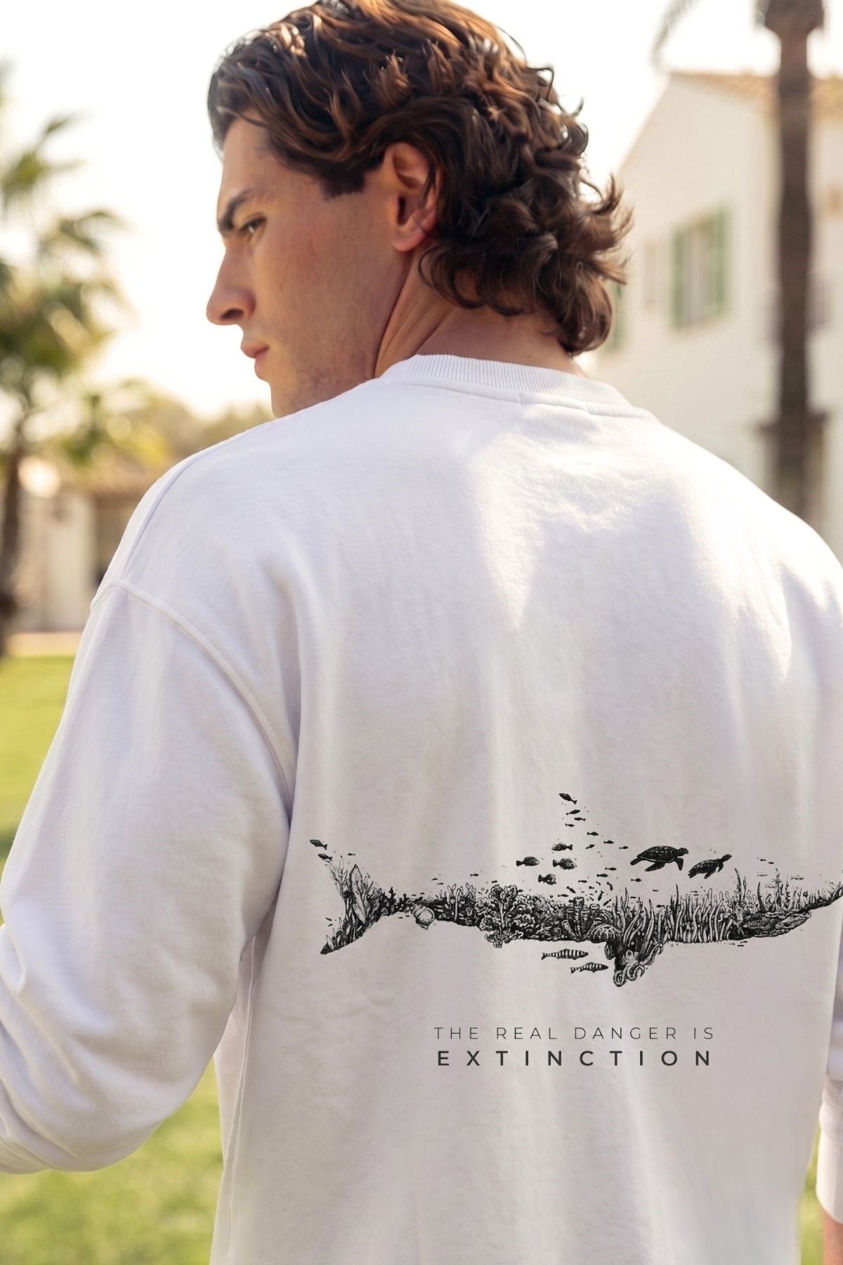 Erkek Oversize Sweatshirt Extinction Baskılı Beyaz – Bisiklet Yaka, 3 İplik Şardonlu Polar