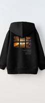 Sİyah Kapüşonlu İçi Polar Dağ Baskılı Unisex Çocuk Sweatshirt