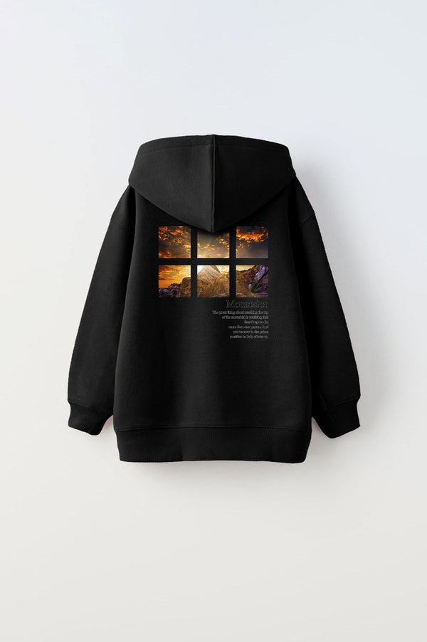 Sİyah Kapüşonlu İçi Polar Dağ Baskılı Unisex Çocuk Sweatshirt