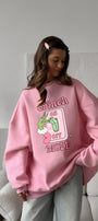 Kadın Oversize Sweatshirt Elbise Grinch Mode Baskılı Pembe – Bisiklet Yaka, 3 İplik Şardonlu Polar