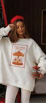 Kadın Oversize Sweatshirt Elbise Carousel Love Baskılı Beyaz – Bisiklet Yaka, 3 İplik Şardonlu Polar