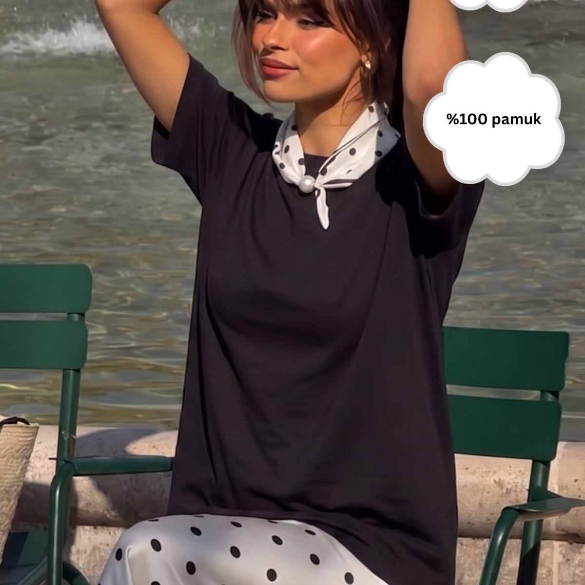 Kadın Oversize Tişört Ruby Scarf Mıknatıslı Fular Aksesuarlı Siyah – Rahat Kalıp, %100 Pamuk