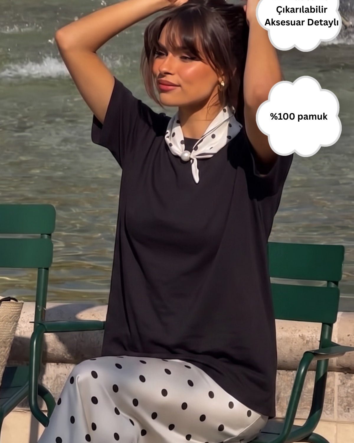 Kadın Oversize Tişört Ruby Scarf Mıknatıslı Fular Aksesuarlı Siyah – Rahat Kalıp, %100 Pamuk