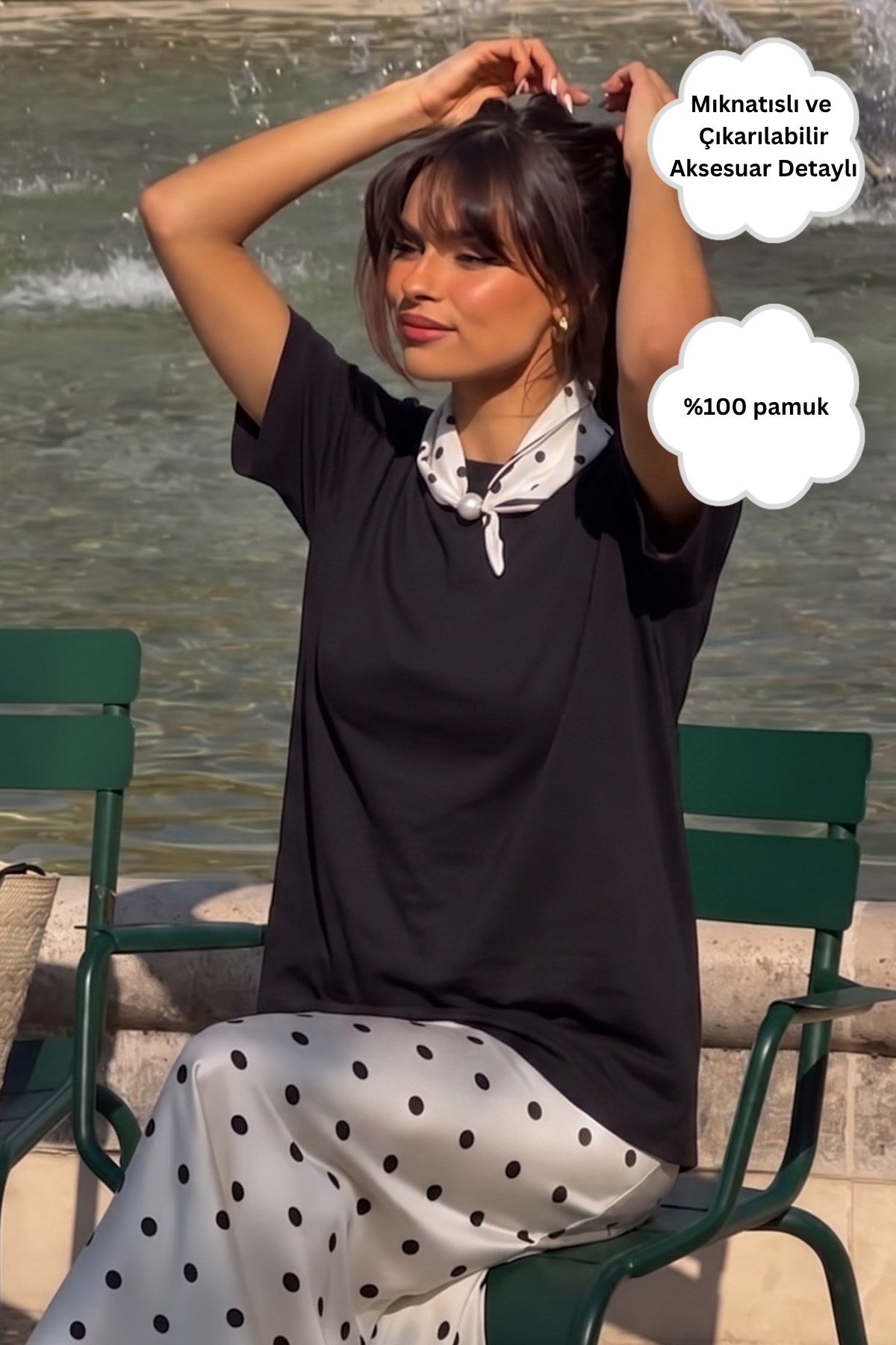 Kadın Oversize Tişört Ruby Scarf Mıknatıslı Fular Aksesuarlı Siyah – Rahat Kalıp, %100 Pamuk