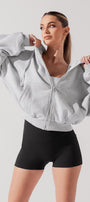 Kadın Gri Oversize Fermuarlı Kapüşonlu Sweatshirt 3 İplik Şardonlu Kumaş