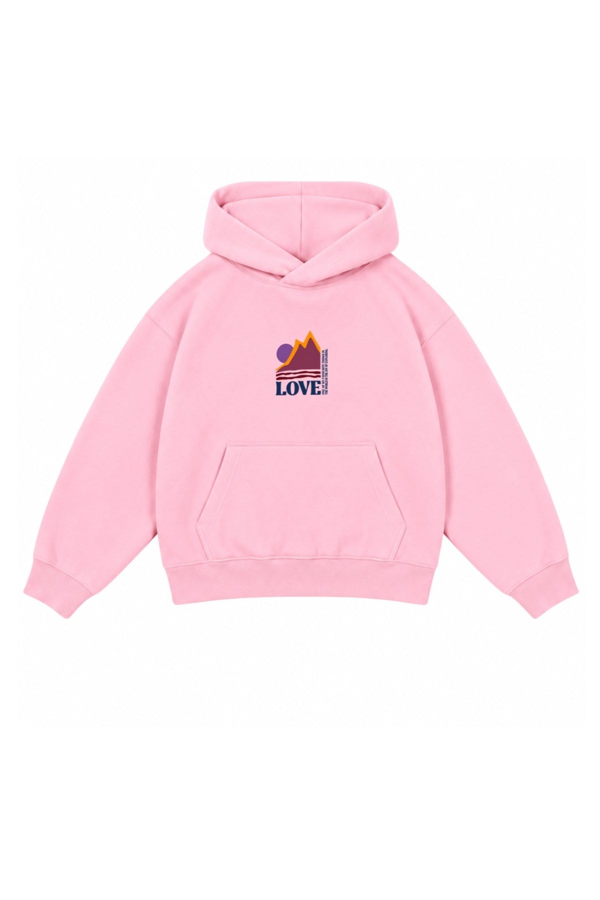 Kız Çocuk Oversize Hoodie Love Mount Baskılı Pembe – Kapüşonlu, Cepli, 3 İplik Polar