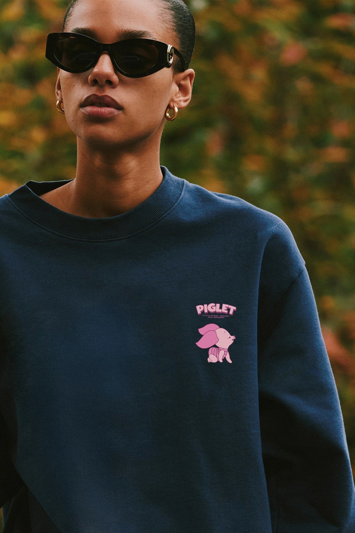 Kadın Oversize Sweatshirt Piglet Dreams Baskılı Lacivert – Bisiklet Yaka, 3 İplik Şardonlu Polar