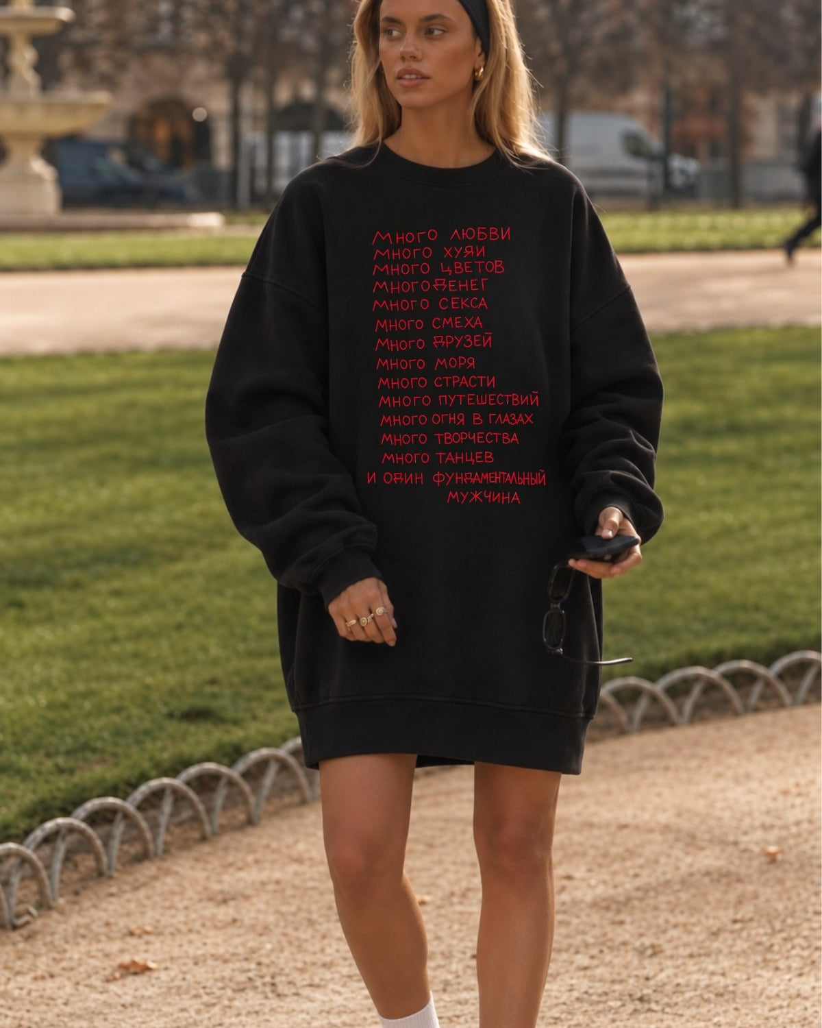 Kadın Oversize Sweatshirt Elbise More Love Baskılı Siyah – Bisiklet Yaka, 3 İplik Şardonlu Polar