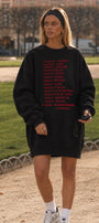 Kadın Oversize Sweatshirt Elbise More Love Baskılı Siyah – Bisiklet Yaka, 3 İplik Şardonlu Polar