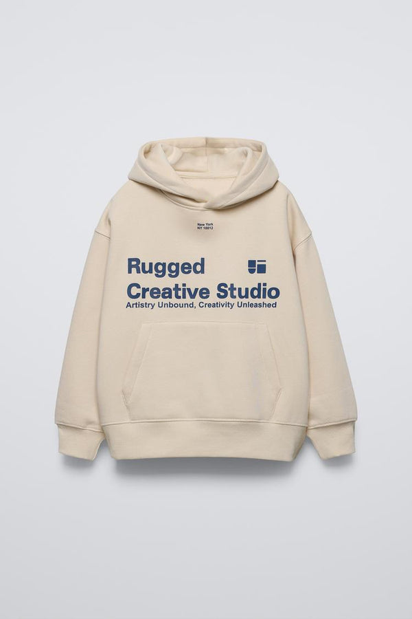 Bej Çocuk Rugged Creative Stüdyo Baskılı Oversize Kapüşonlu Kanguru Cepli Sweatshirt