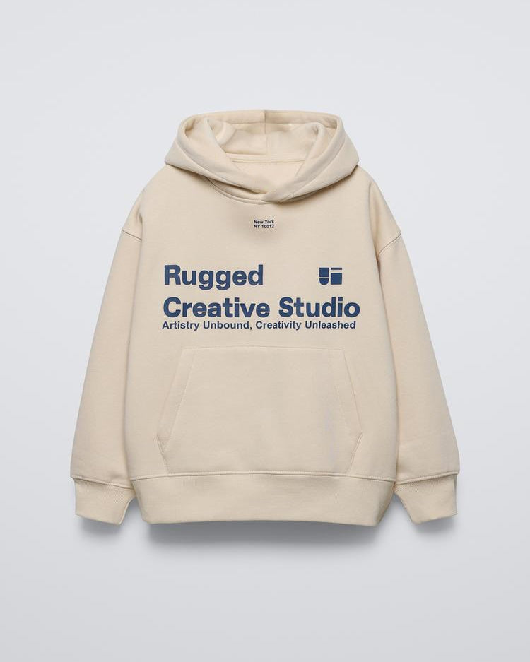Bej Çocuk Rugged Creative Stüdyo Baskılı Oversize Kapüşonlu Kanguru Cepli Sweatshirt