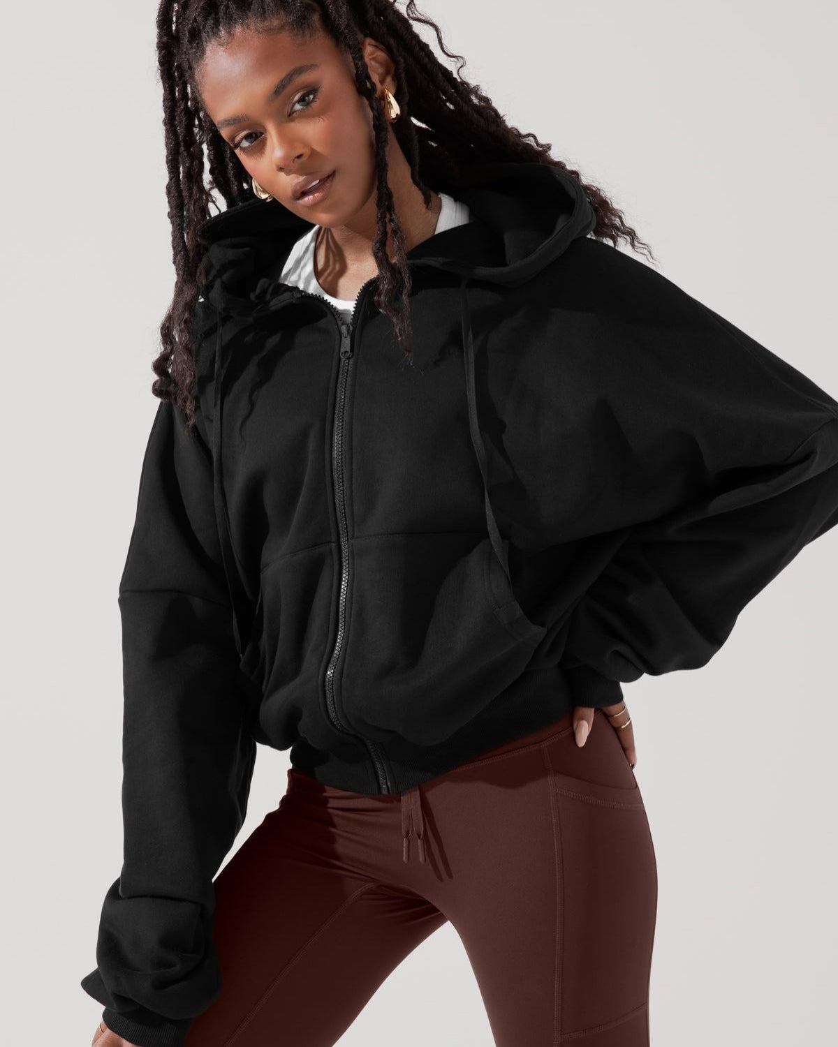 Kadın Siyah Kapüşonlu Ceket Sweatshirt Fermuarlı 3 İplik Şardonlu Oversize Kesim
