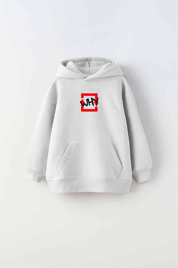 Kapüşonlu İçi Polar Why Baskılı Beyaz Unisex Çocuk Hoodie Sweatshirt