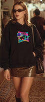 Kadın Oversize Hoodie Back To The 90’s Baskılı Siyah - Kapüşonlu, Kanguru Cepli, 3 İplik Polar
