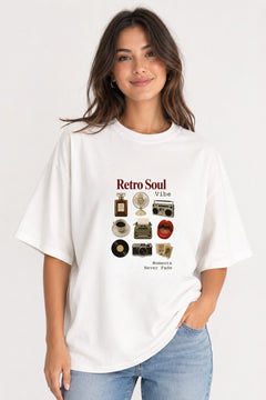 Kadın Oversize Tişört Retro Soul Vibe Baskılı Beyaz – Bisiklet Yaka, Rahat Kalıp, %100 Pamuk
