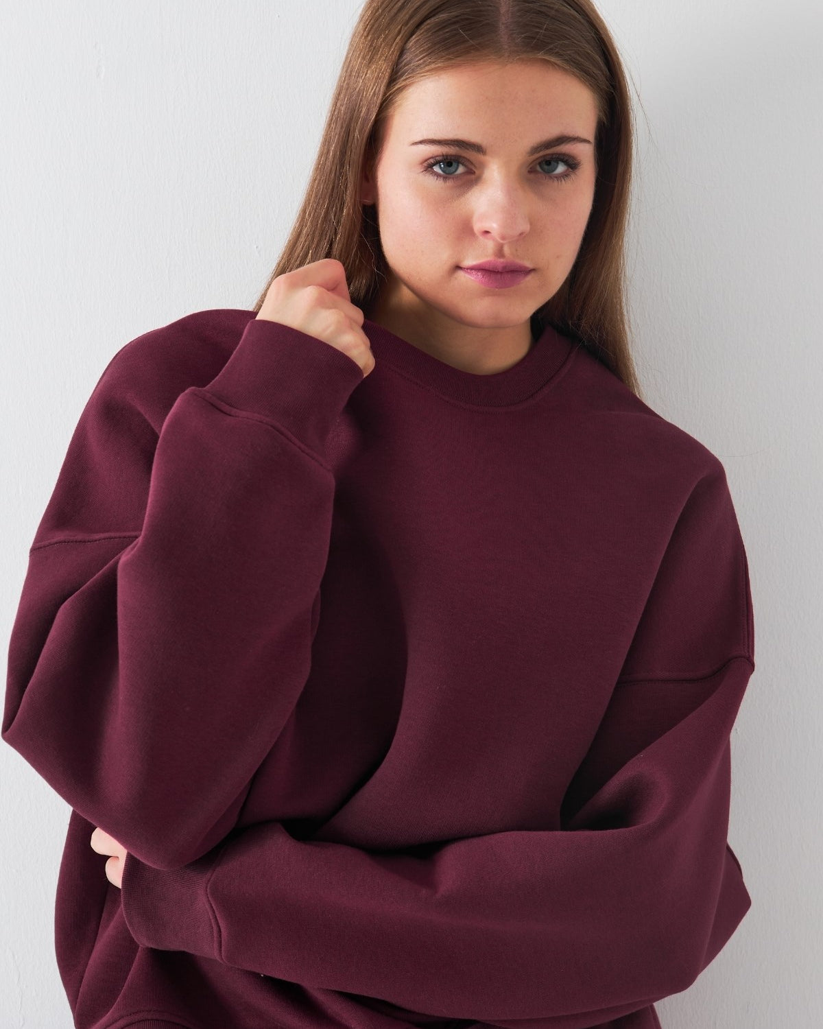 Unisex Oversize Sweatshirt Basic Bordo – Bisiklet Yaka, 3 İplik Şardonlu Polar