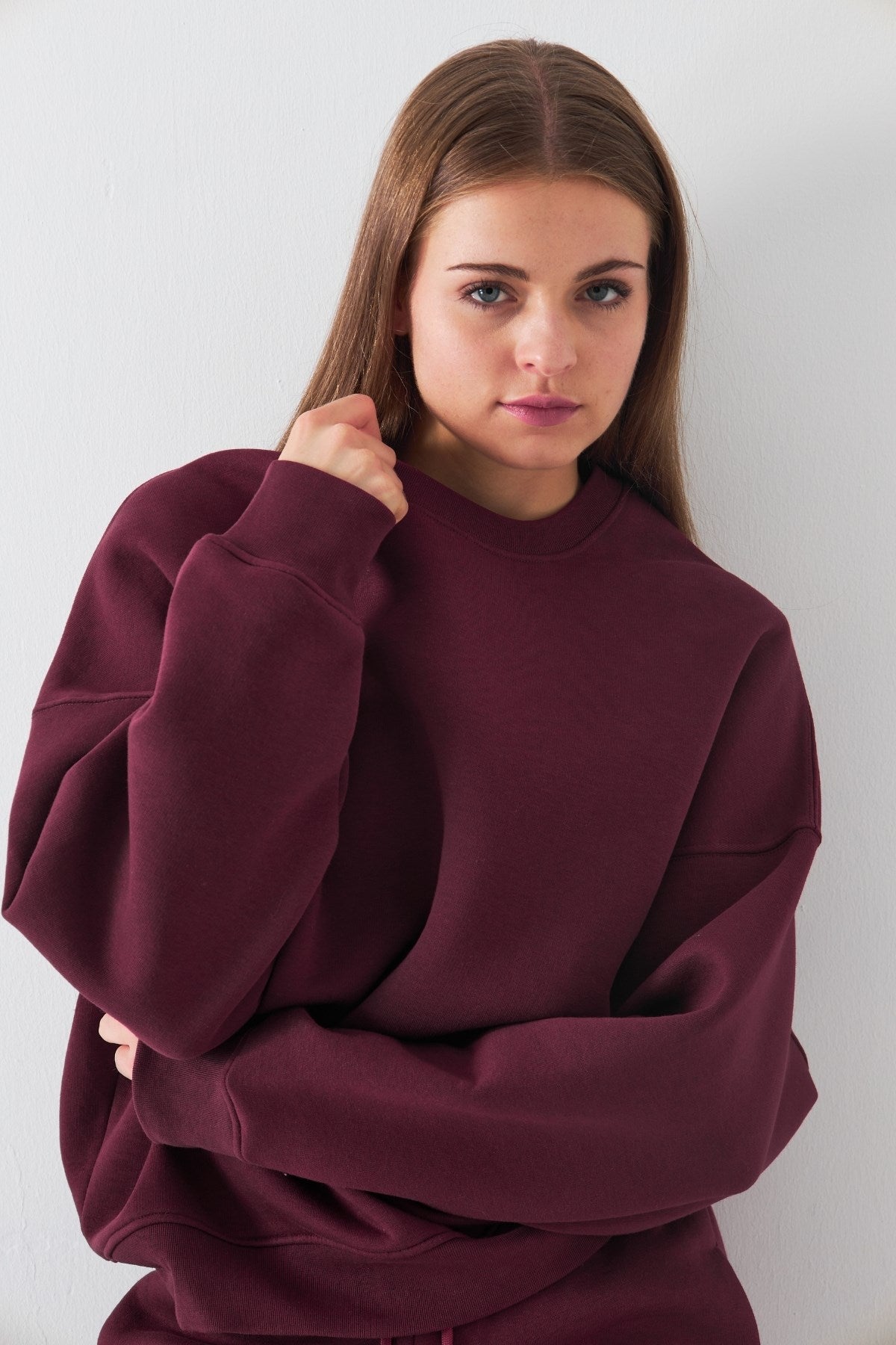 Unisex Oversize Sweatshirt Basic Bordo – Bisiklet Yaka, 3 İplik Şardonlu Polar