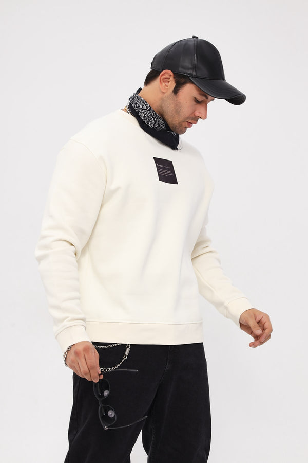 Bisiklet Yaka İçi Polar Syzygy Yazı Baskılı Beyaz Oversize Sweatshirt