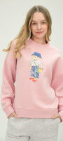 Kadın Teddy Ayıcık Baskılı Pembe 3 İplik Şardonlu Sweatshirt  Bisiklet Yaka, İçi Pamuklu