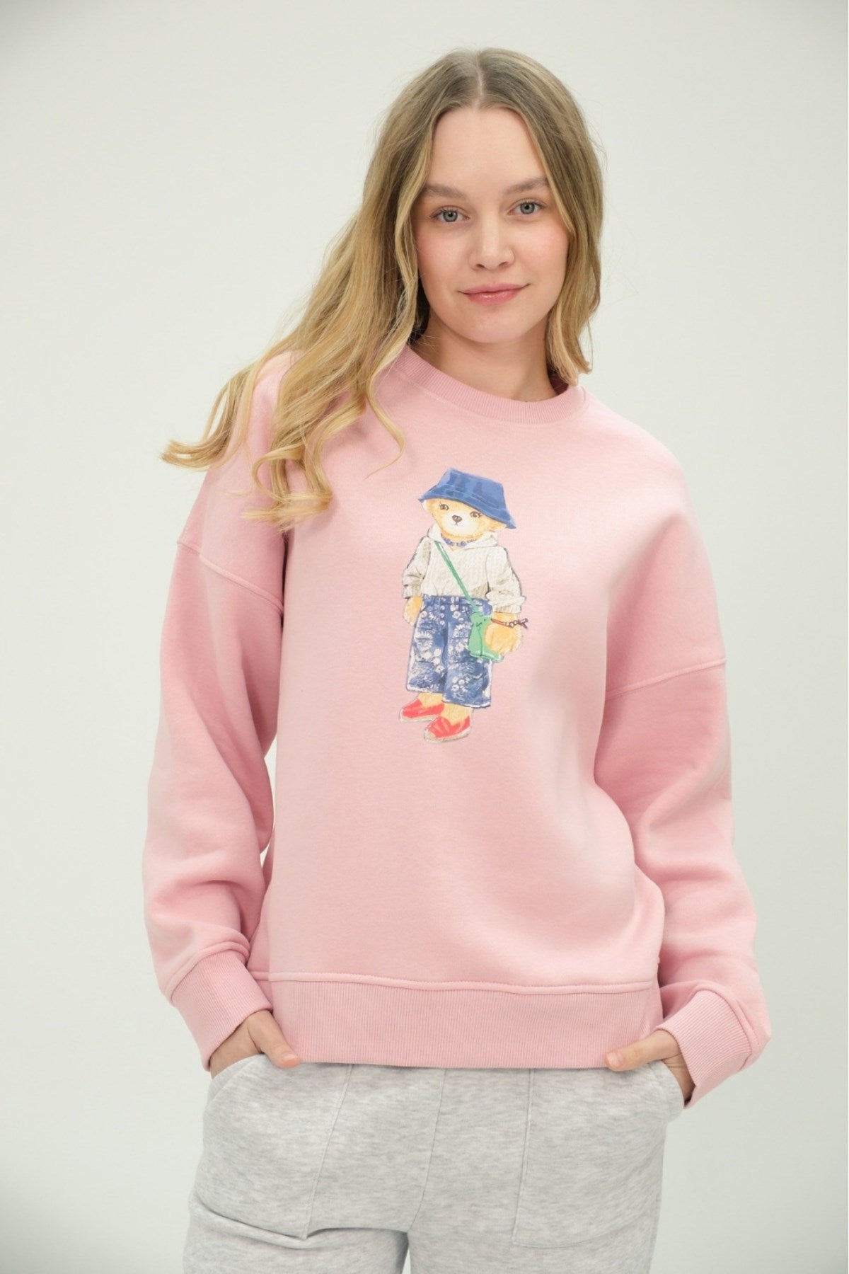 Kadın Teddy Ayıcık Baskılı Pembe 3 İplik Şardonlu Sweatshirt  Bisiklet Yaka, İçi Pamuklu