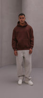 Erkek Oversize Sweatshirt Hoodie CHMP Yazlı Baskılı Kahverengi – Kapüşonlu, 3 İplik , Kanguru Cepli