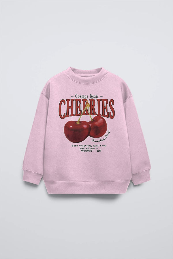 Pembe Çocuk Cherries Baskılı Bisiklet Yaka Basic Sweatshirt