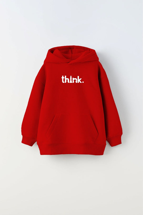 Kapüşonlu İçi Polar Satranç Think Baskılı Kırmızı Unisex Çocuk Hoodie Sweatshirt