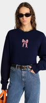 Kadın Oversize Sweatshirt Pembe Kurdele Baskılı Lacivert – Bisiklet Yaka, 3 İplik Şardonlu Polar
