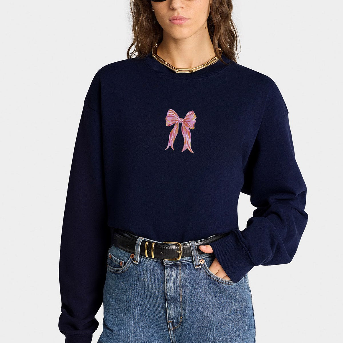 Kadın Oversize Sweatshirt Pembe Kurdele Baskılı Lacivert – Bisiklet Yaka, 3 İplik Şardonlu Polar