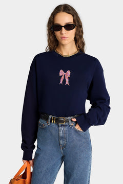 Kadın Oversize Sweatshirt Pembe Kurdele Baskılı Lacivert – Bisiklet Yaka, 3 İplik Şardonlu Polar