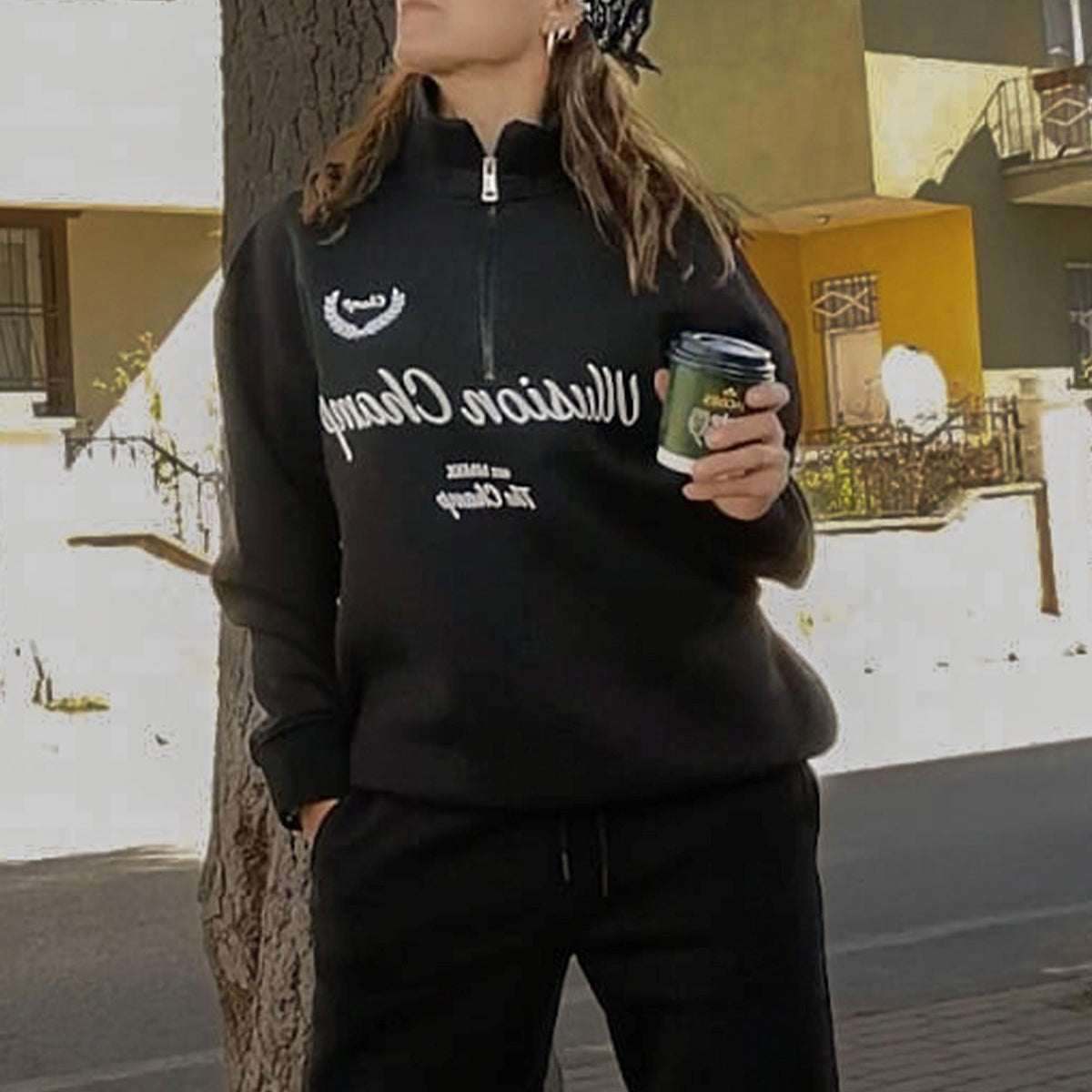 Unisex Oversize Ullusion Champ Baskılı Eşofman Takımı Siyah – Lastikli Bel ve Paça, Yarım Fermuar