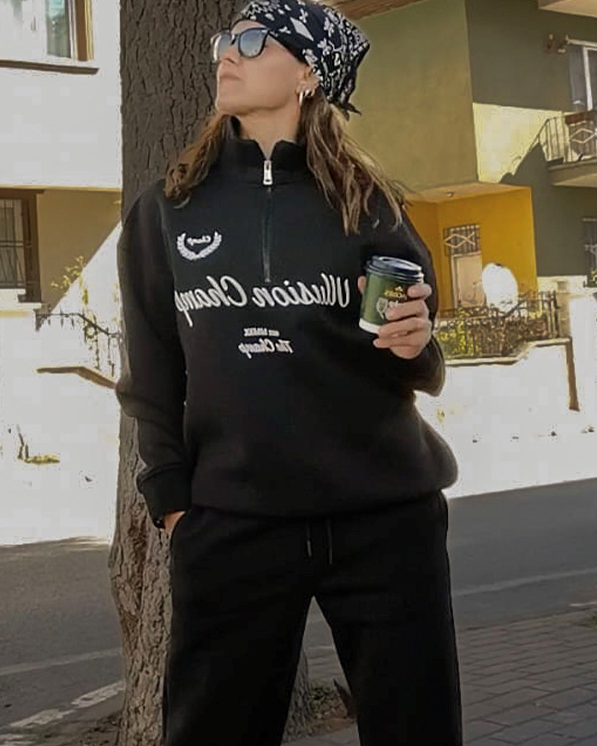 Unisex Oversize Ullusion Champ Baskılı Eşofman Takımı Siyah – Lastikli Bel ve Paça, Yarım Fermuar