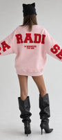 Kadın Oversize Sweatshirt Paradise Varsity Kabartma Baskılı Pembe – Bisiklet Yaka, 3 İplik Şardonlu Polar