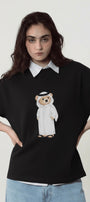 Kadın Oversize Tişört Qatari Bear White Baskılı Siyah – Bisiklet Yaka, Rahat Kalıp, %100 Pamuk