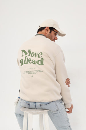 Bisiklet Yaka İçi Polar Move Ahead Yazı Baskılı Bej Oversize Sweatshirt