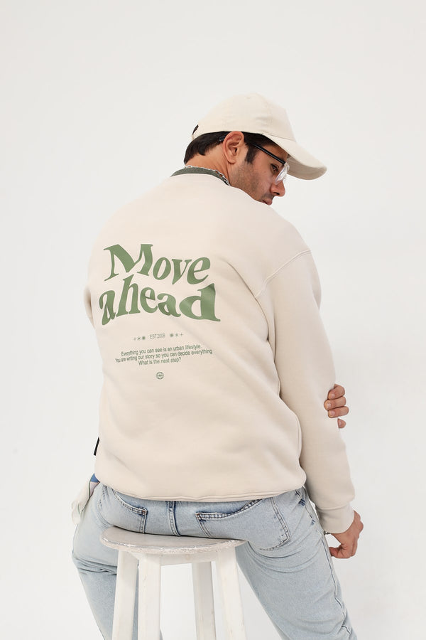 Bisiklet Yaka İçi Polar Move Ahead Yazı Baskılı Bej Oversize Sweatshirt