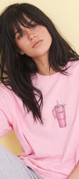 Kadın Oversize Tişört Pink Tumbler Baskılı Pembe – Bisiklet Yaka, Rahat Kalıp, %100 Pamuk
