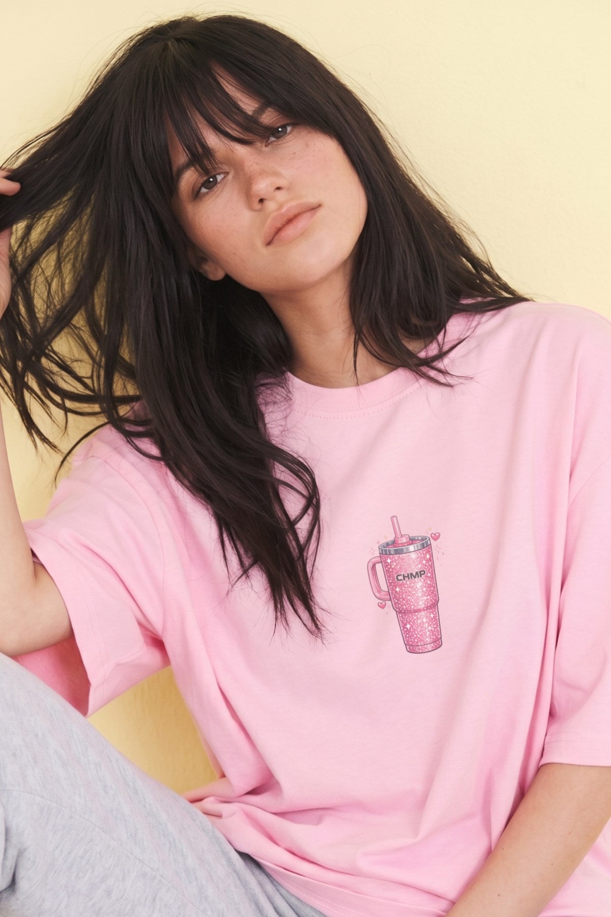 Kadın Oversize Tişört Pink Tumbler Baskılı Pembe – Bisiklet Yaka, Rahat Kalıp, %100 Pamuk