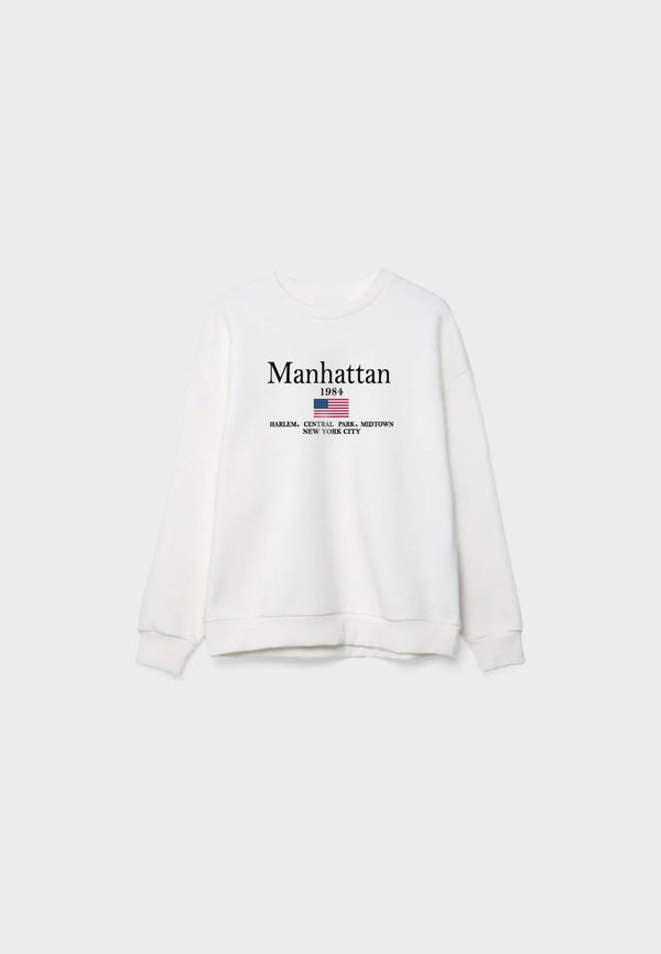 Bisiklet Yaka İçi Polar Manhattan 1984 Yazı Baskılı Beyaz Oversize Sweatshirt