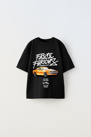 Fast Furious Yazılı Araba Baskılı Siyah Çocuk T-Shirt