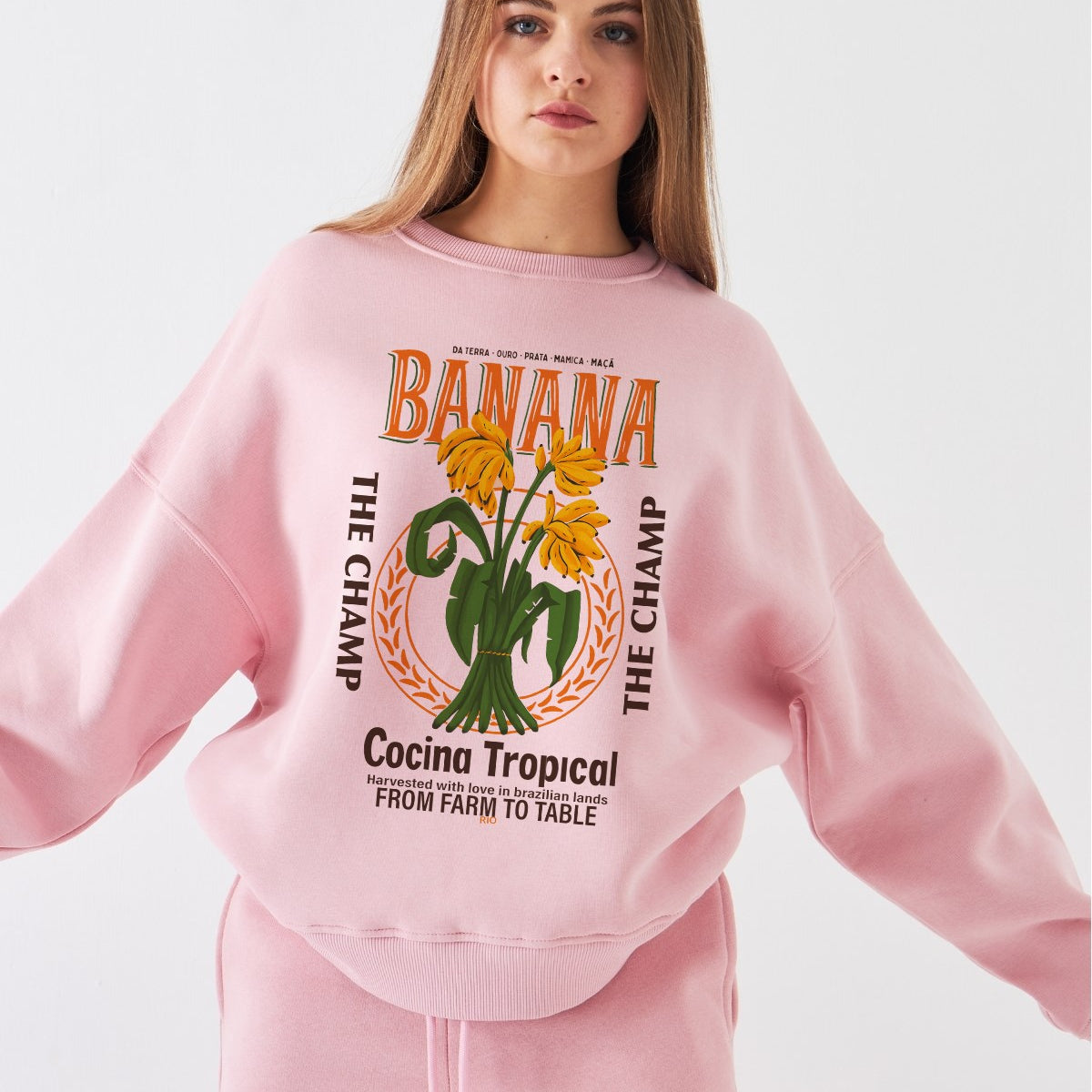 Kadın Oversize Sweatshirt Banana Tropical Baskılı Pembe – Bisiklet Yaka, 3 İplik Şardonlu Polar