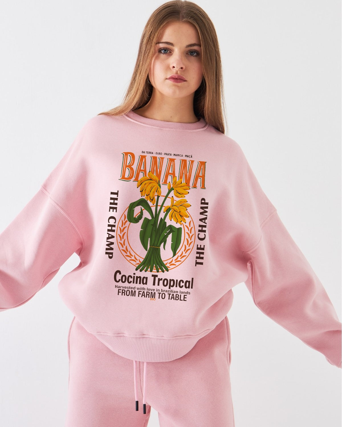 Kadın Oversize Sweatshirt Banana Tropical Baskılı Pembe – Bisiklet Yaka, 3 İplik Şardonlu Polar