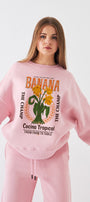 Kadın Oversize Sweatshirt Banana Tropical Baskılı Pembe – Bisiklet Yaka, 3 İplik Şardonlu Polar
