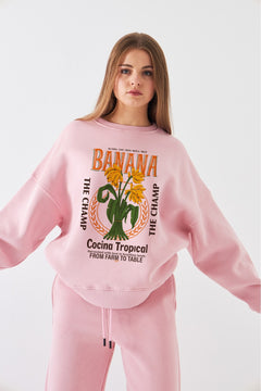 Kadın Oversize Sweatshirt Banana Tropical Baskılı Pembe – Bisiklet Yaka, 3 İplik Şardonlu Polar
