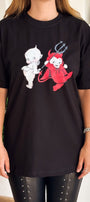 Kadın Siyah Oversize Tişört – Karakter İkili Baskılı Eğlenceli Tasarım