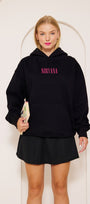 Kapüşonlu İçi Polar Pembe Nirvana Baskılı Siyah Unisex Hoodie Sweatshirt